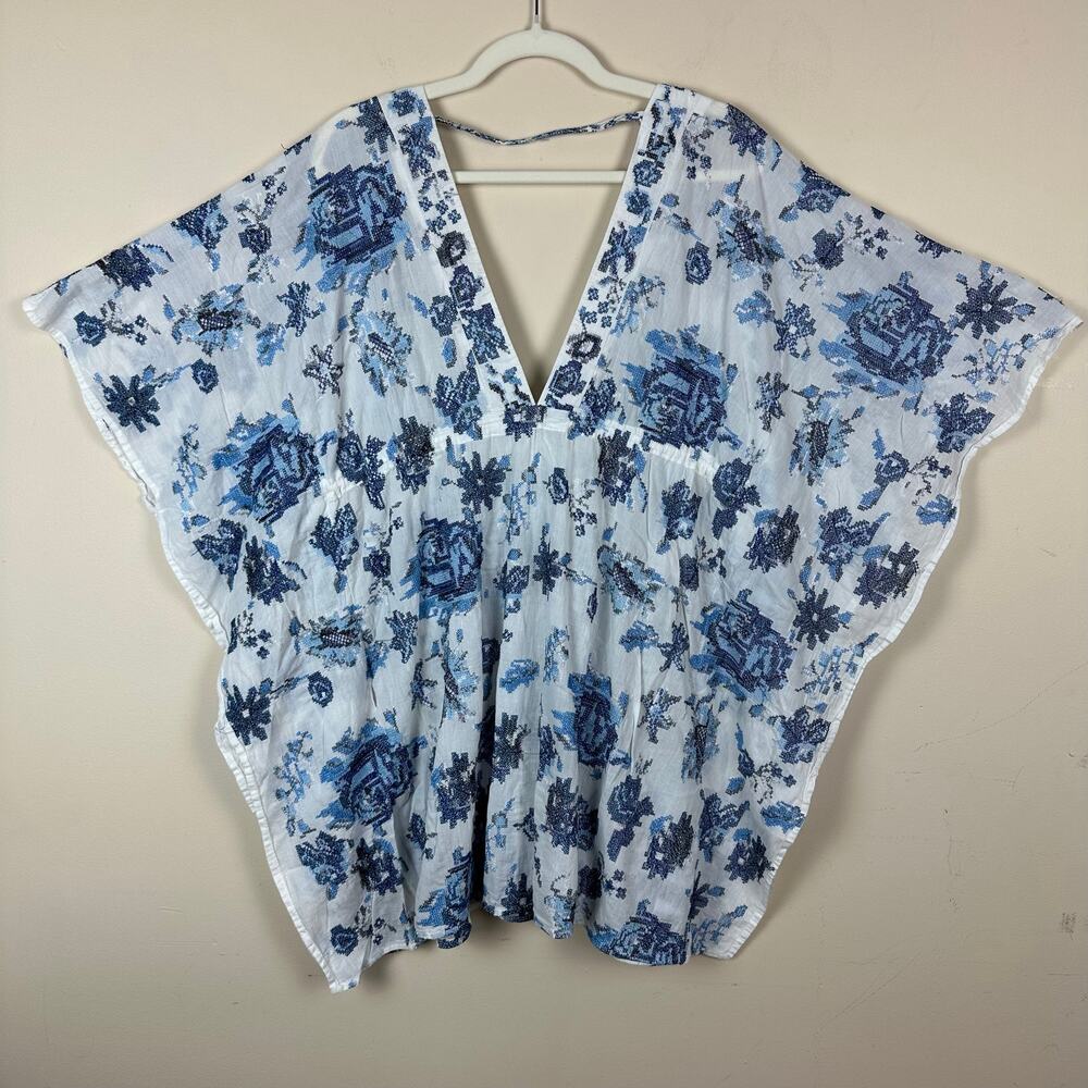 Maeve Anthropologie Blue Floral Kaftan Top One Size Boho Beach Cover Up Resort - Picture 4 of 10
